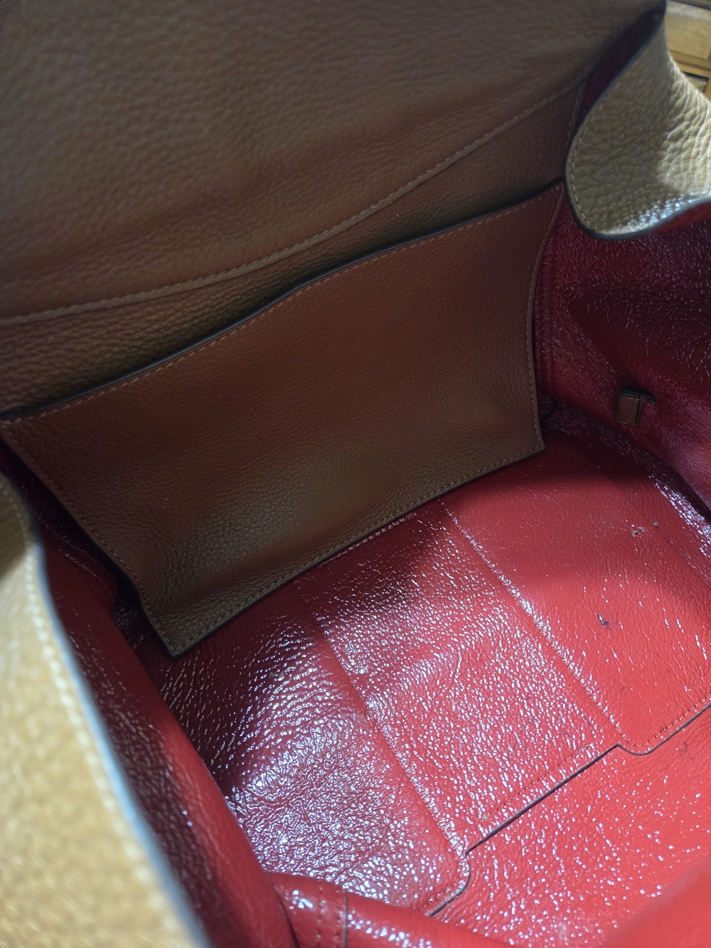 Tory Burch Tan Pebbled Leather Tote with Red Interior
